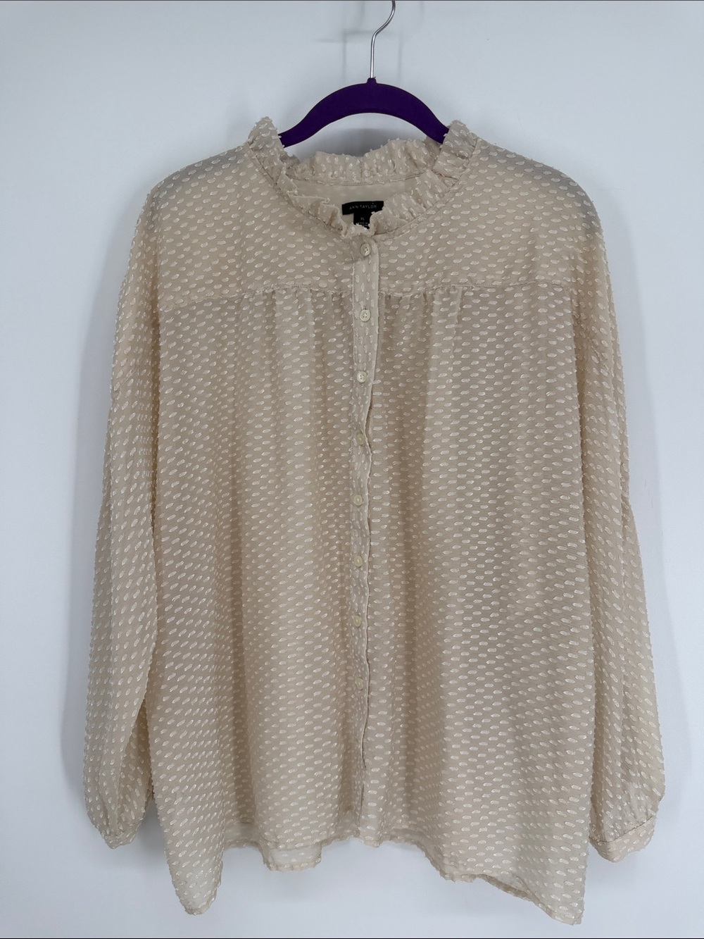 Ann Taylor Swiss Dot Ruffle Collar Button Down Blouse Cream Size XL